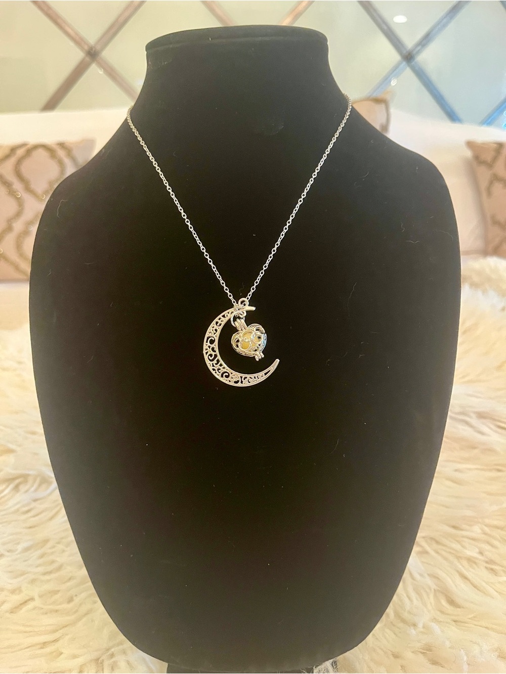 Filigree Crescent Moon Necklace with Heart Accent Charm - Silver
